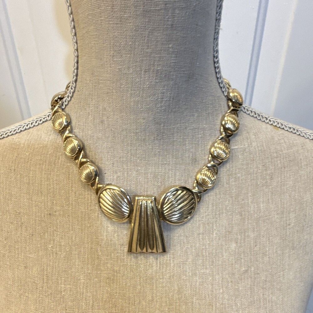 Gold Tone Statement Chain Necklace Asymmetrical Charm Pendant Box Clasp 12in